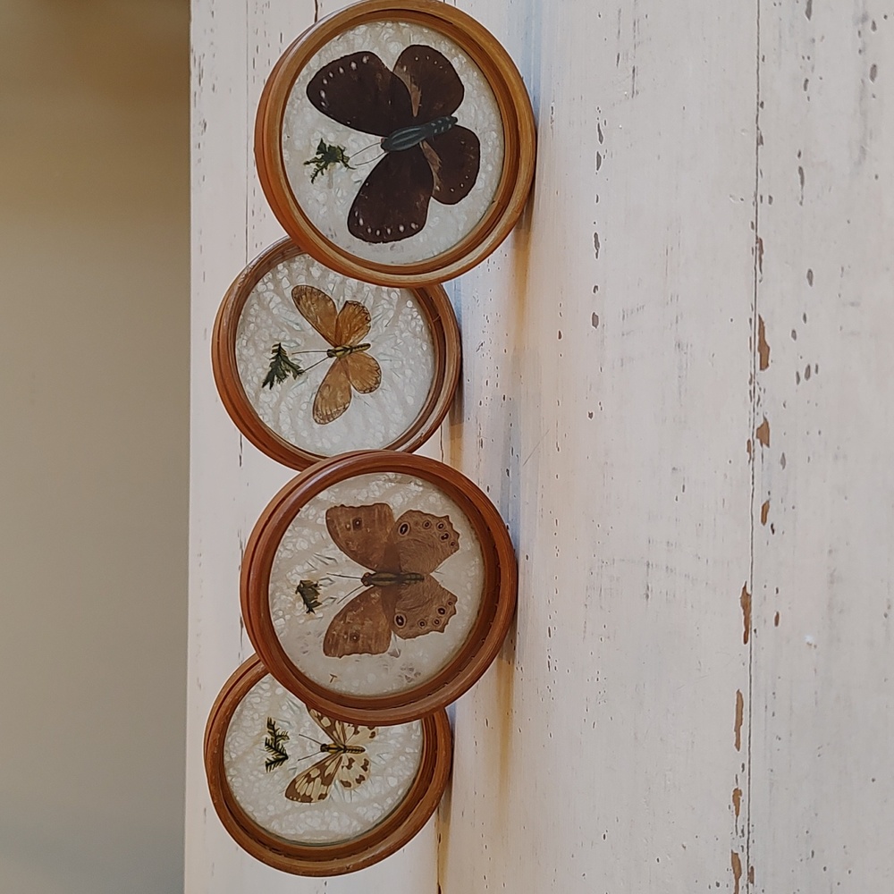4 vintage butterfly bamboo coasters